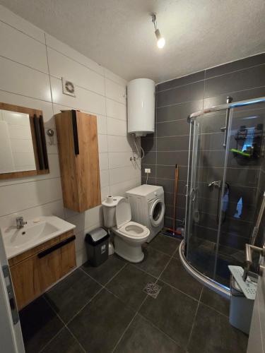 La salle de bains est pourvue d'une douche, de toilettes et d'un lavabo. dans l'établissement Dardania 2 Kastrati, à Prizren