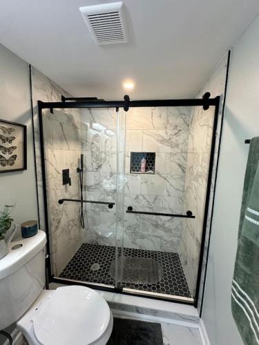 a bathroom with a shower with a toilet and a sink at Sardis Forest Gem, 2BR, Fast WiFi, Free Parking in Charlotte