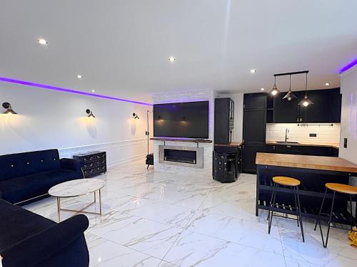 un grand salon avec un canapé et une télévision dans l'établissement Penthouse Luxury Appartement SPA Sauna, à Garches
