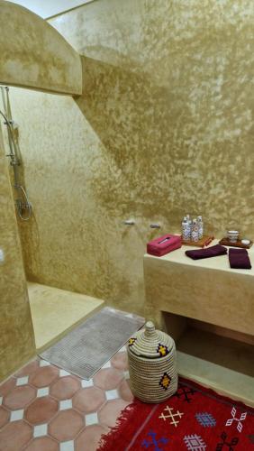 ein Bad mit einer Dusche, einem Waschbecken und einem WC in der Unterkunft Les Trois Paons in Taroudant