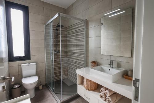 a bathroom with a toilet and a sink and a shower at OurMadeira - Vila Diana in Porto Santo