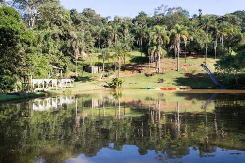 a view of a body of water with palm trees at Casa de Vidro com cachoeira in Itatiba