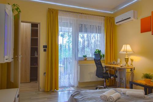 um quarto com uma cama, uma secretária e uma janela em Outdoor Adventure Smart Riverside Pet Friendly em Budapeste