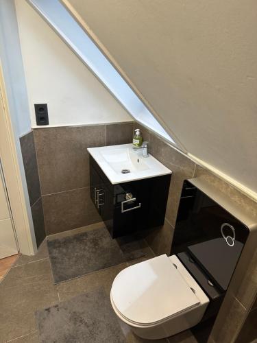 a bathroom with a white toilet and a sink at Casa Pedro in Osnabrück