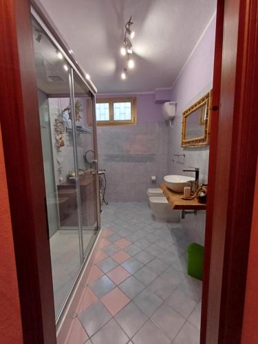 y baño con ducha, aseo y lavamanos. en B&B Borgo dei Cedri, en Pontecchio