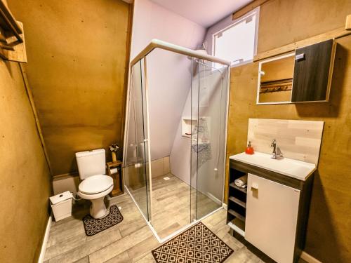a bathroom with a shower and a toilet and a sink at CascataDiamantePousada in Laurentino