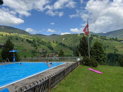 a large swimming pool with people playing frisbee at Engel Ingold Lodge Chalet "Bärgblümli" in Habkern