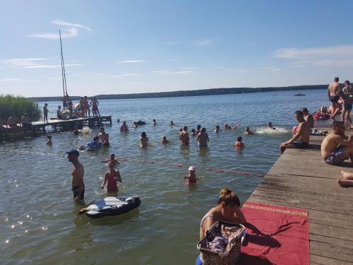 a group of people in the water at a beach at POD SOSNAMI Ośrodek Wypoczynkowy Boszkowo Letnisko in Boszkowo