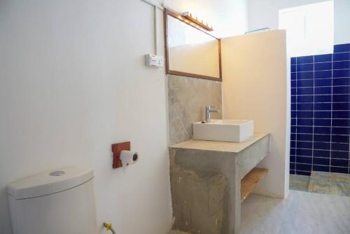 a bathroom with a sink and a toilet at Mkoko Villa in Fumba