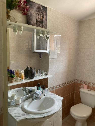 une salle de bain avec un lavabo et des toilettes dans l'établissement Villadélie, à La Londe-les-Maures