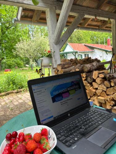 a laptop computer sitting on a table with a bowl of strawberries at Csodakert Vendégház in Csapi