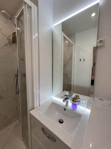 une salle de bain blanche avec un lavabo et une douche dans l'établissement Stylish apartment in Paris, à Paris