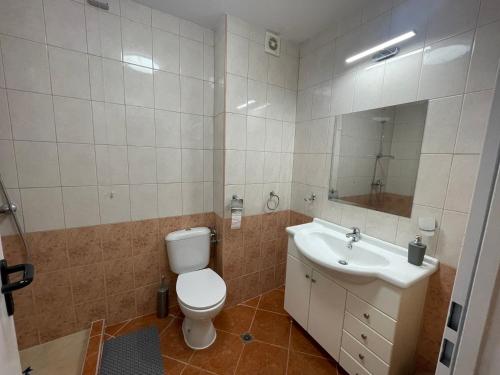 a bathroom with a toilet and a sink and a mirror at Marina Cape SP private apartments in Aheloy