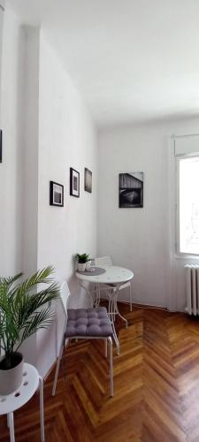 Cette chambre blanche dispose d'une table, de chaises et d'une fenêtre. dans l'établissement Central Ana Apartment Novi Sad, à Novi Sad