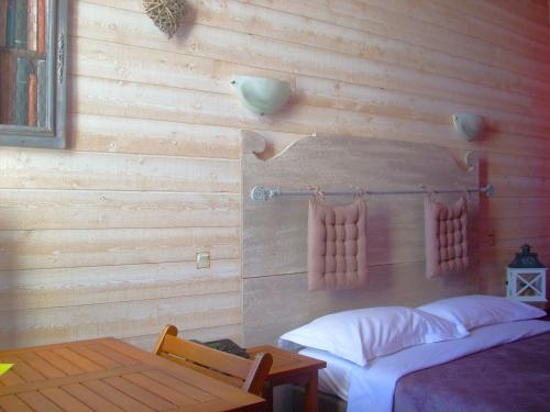 a bedroom with a wooden wall with two beds and a table at Hotel du Château in Nantes