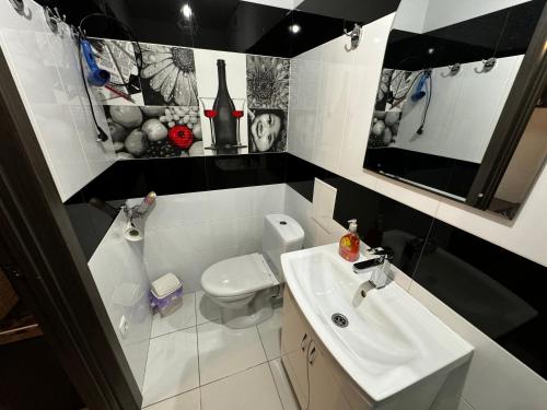 a bathroom with a sink and a toilet and a mirror at Апартаменти Східна Перлина in Vinnytsya