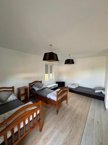 3 łóżka w pokoju z drewnianą podłogą w obiekcie Ranczo Ryki w mieście Nowy Dwór Gdański
