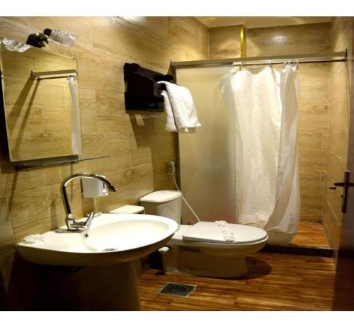 uma casa de banho com um lavatório, um WC e um chuveiro em Mina Alsalam Hotel فندق ميناء السلام no Cairo