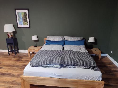 1 dormitorio con 1 cama con almohadas azules y grises en Suite Vorderrhön Anní, en Unsleben