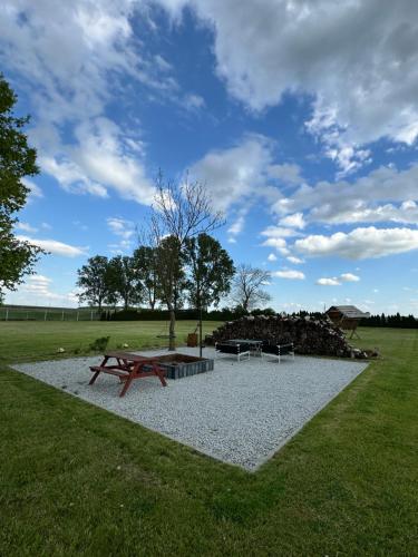 a park with a picnic table and a stone wall at Ranczo Ryki in Nowy Dwór Gdański