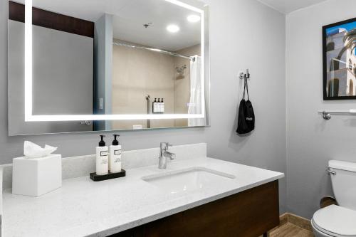 a bathroom with a sink and a toilet and a mirror at Wyndham San Diego Bayside in San Diego
