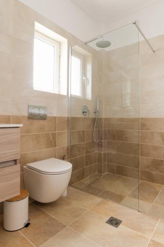 a bathroom with a toilet and a glass shower at Vasilopoulos Residences - Apartments Ioni & Neso, Eliana & Melanthia in Argostoli