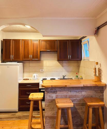 a kitchen with wooden cabinets and a white refrigerator at Apartman Olivera in Žabljak