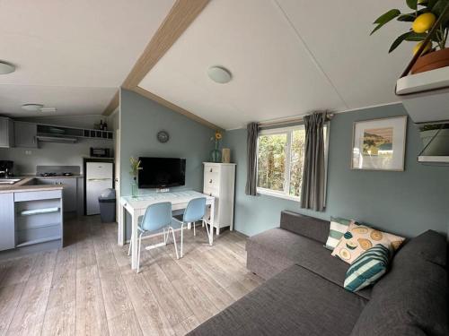 uma sala de estar com um sofá e uma mesa em Veluwe, gezellig 4p chalet bij bos, zonnige tuin em Otterlo