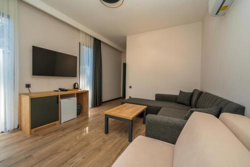 a living room with a couch and a tv at Sea Valley Lodge in Faralya