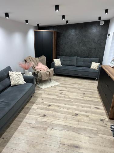 sala de estar con sofás y suelo de madera. en LUX HOUSE Roztocze 2, en Krasnobród