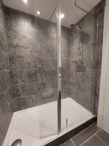 W łazience znajduje się prysznic ze szklanymi drzwiami. w obiekcie Flat 1 Cosy and Comfortable in Chester w mieście Chester
