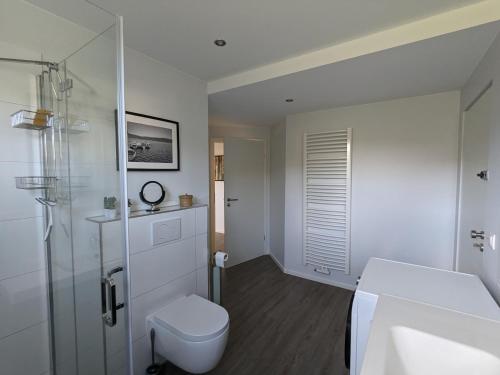 een witte badkamer met een toilet en een douche bij Ferienwohnung Hochstein in Mendig