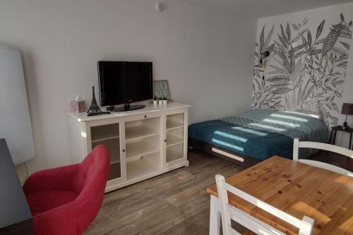- un salon avec une télévision, une chaise et une table dans l'établissement Joli studio près de la mer avec extérieur, à La Rochelle