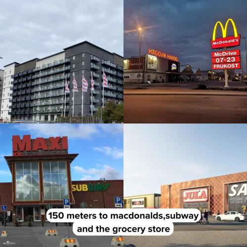 una serie de cuatro fotos de mcdonalds y signos en Fully Furnished Modern Apartment en Sollentuna