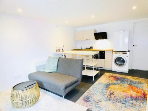 ein Wohnzimmer mit einem Stuhl und eine Küche in der Unterkunft Studio St Julien near Geneva in Saint-Julien-en-Genevois
