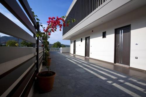 a building with potted plants on the side of it at THALASSA BOUTIQUE HOTEL in Sarti