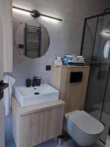 a bathroom with a sink and a toilet and a mirror at Little Tiny Village Haus 4 in Fußach