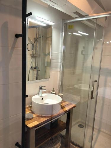 a bathroom with a sink and a glass shower at La loge des Salinières in Bordeaux
