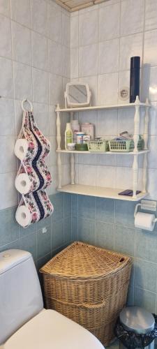 a bathroom with a toilet and a basket in it at "Jääskeläinen", Pieksämäen sydämessä in Pieksamaki