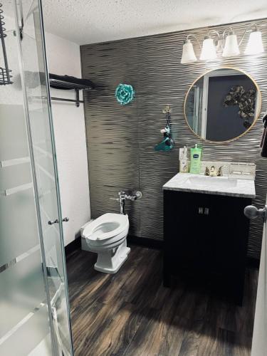 a bathroom with a toilet and a sink and a mirror at The Village Inn Hotel in Milwaukee
