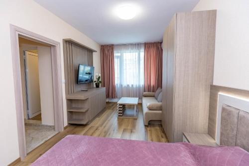 um quarto com uma cama, uma televisão e um sofá em Family Hotel Ambrozia em Sandanski