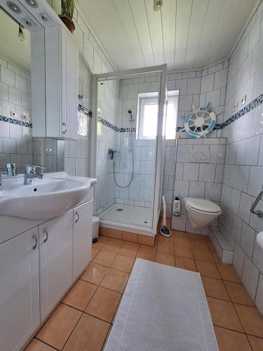 een badkamer met een wastafel, een douche en een toilet bij Ferienhaus Wolfi in Eberndorf