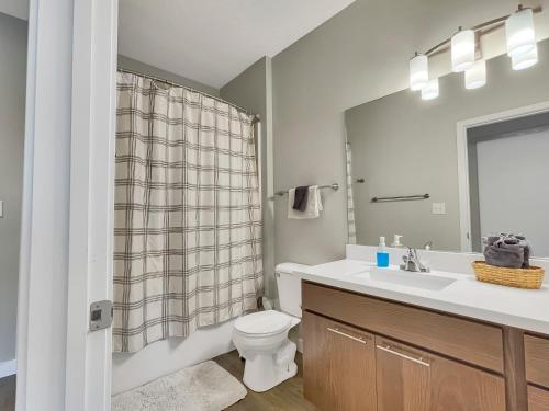 ein Badezimmer mit einem Waschbecken, einem WC und einem Spiegel in der Unterkunft Gorgeous 1 Br Apt Downtown With Hot Tub! in Des Moines
