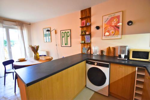 a kitchen with a counter top with a dishwasher at Oasis SPA Bath et Jardin Parisien in Aubervilliers
