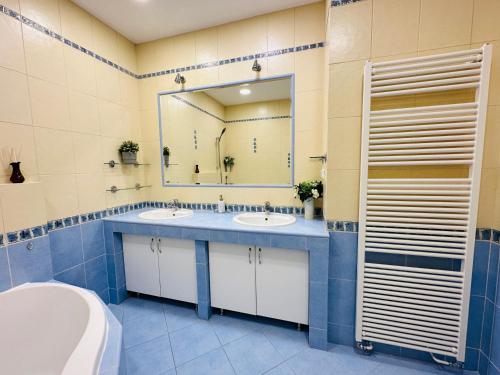 a bathroom with two sinks and a large mirror at Maiselova Old Town Apartment in Prague