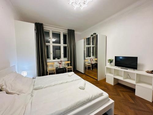 a white living room with a white couch and a television at Maiselova Old Town Apartment in Prague