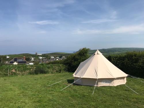 a white tent sitting in a field of grass at Ocean View Glamping in Boscastle