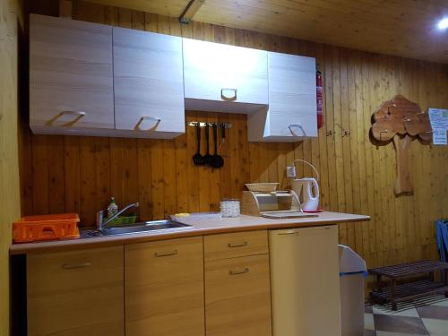 a kitchen with white cabinets and a sink at POD SOSNAMI Ośrodek Wypoczynkowy Boszkowo Letnisko in Boszkowo