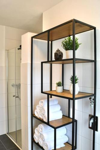 a black shelf with potted plants in a bathroom at Moderne EG-Wohnung im Günztal in Krumbach