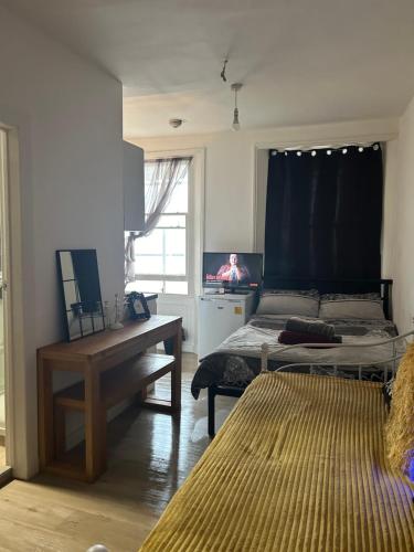 ein Wohnzimmer mit einem Bett und einem TV in der Unterkunft Spacious Studio Flat in London in London